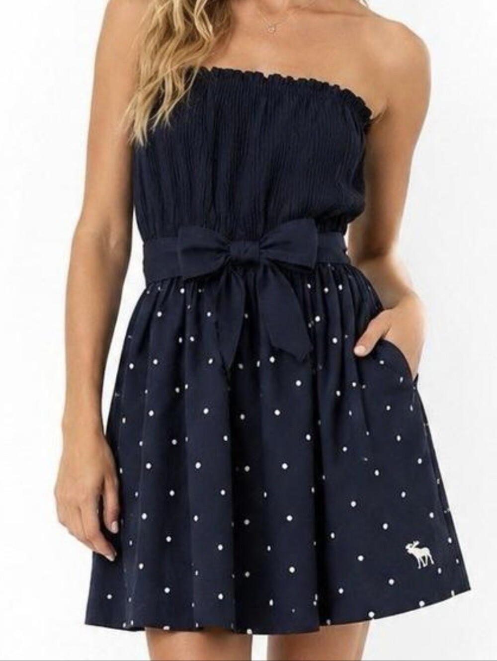Abercrombie & Fitch Navy Strapless Polka Dot Bow Dress